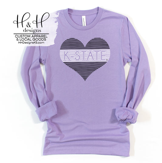 Black & White K-State Lined Heart ~ HHKSU114  ~ Licensed K-State Apparel