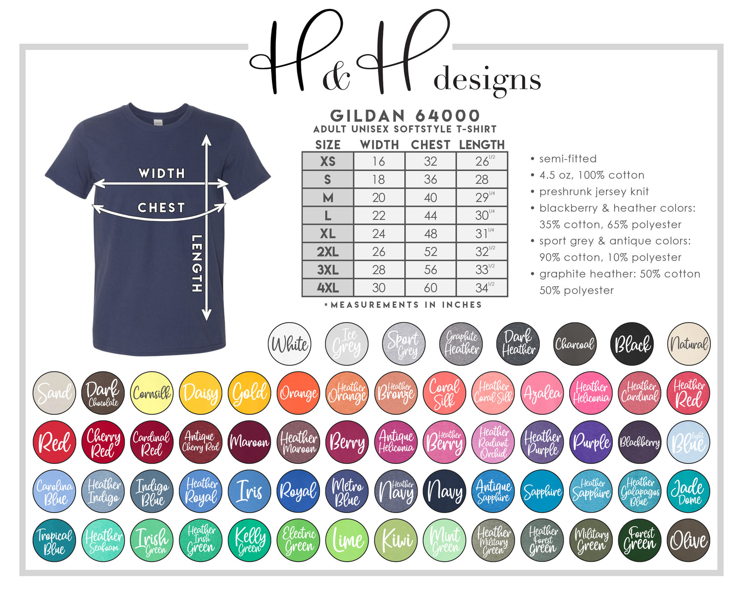 H&H Size and Color Charts – H&H Designs LLC