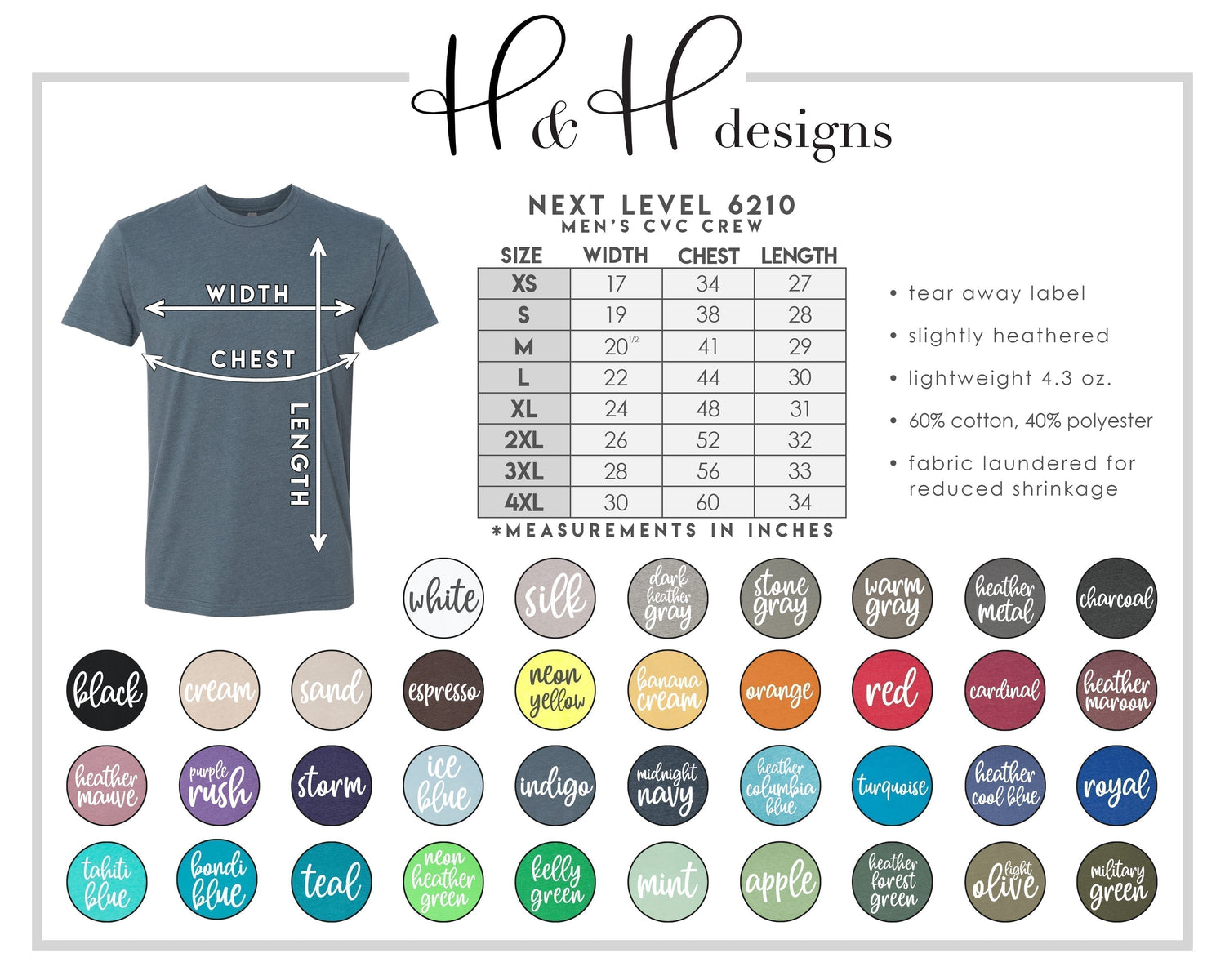 H&H Size and Color Charts – H&H Designs LLC